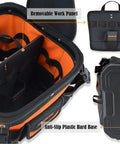 Interior and base of Open Top 24 Pocket Hard Base HVAC And Electrician Tool Bag With Rigid Bottom For Dry Tools 25 MOLLE Loops 6 Bit Slots