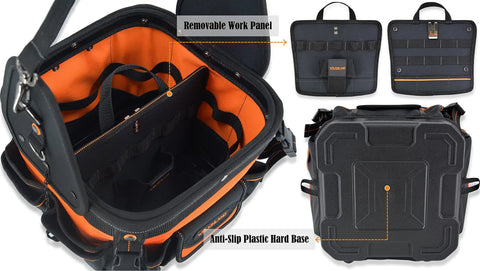 Interior and base of Open Top 24 Pocket Hard Base HVAC And Electrician Tool Bag With Rigid Bottom For Dry Tools 25 MOLLE Loops 6 Bit Slots