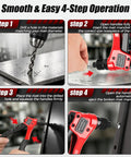 Four-step operation guide for No Brainer One Hand Pop Rivet Gun With Quick Swap Nosepiece And Lockdown Storage.