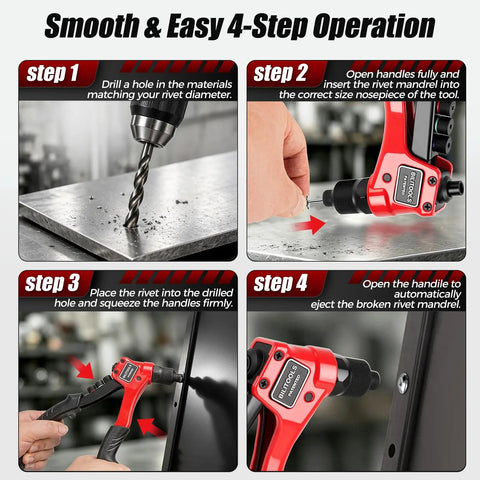 Four-step operation guide for No Brainer One Hand Pop Rivet Gun With Quick Swap Nosepiece And Lockdown Storage.