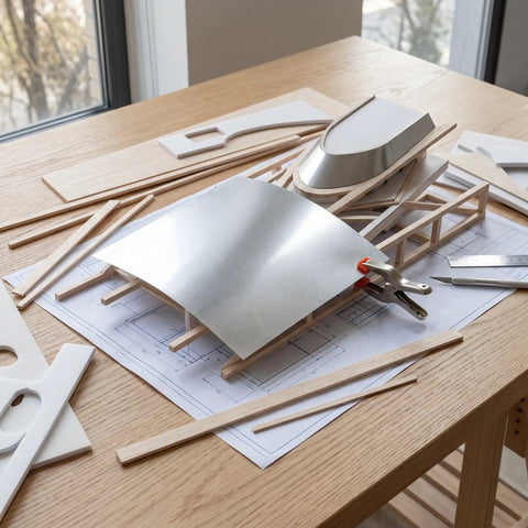 Six Pack Flat Aluminum Sheets 7.87 x 7.87 Inch Thin Flexible Metal on wooden desk for DIY craft projects and repairs