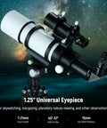 Zoom Telescope Eyepiece 7-21mm Focal Range For Astronomy attached to a telescope under night sky, 1.25 inch barrel visible