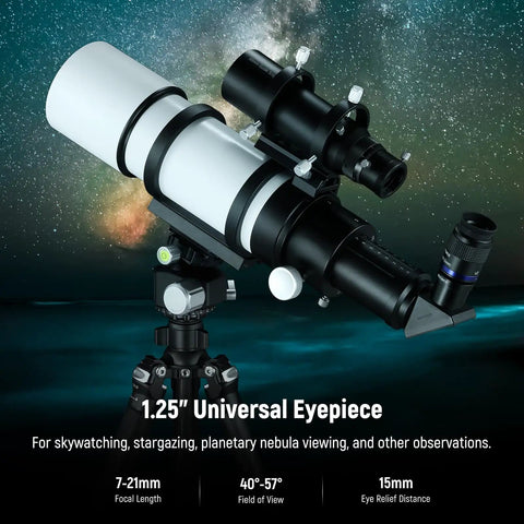 Zoom Telescope Eyepiece 7-21mm Focal Range For Astronomy attached to a telescope under night sky, 1.25 inch barrel visible