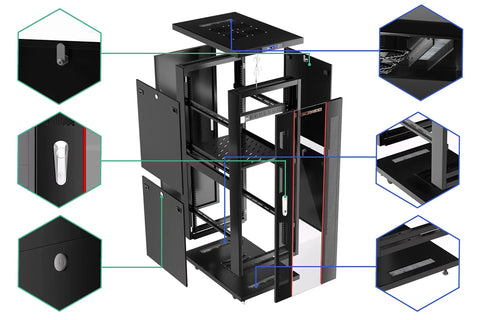 Kickass 42U Server Rack Cabinet on Smooth Rolling Wheels With Secure Locking Doors and Built in LCD Monitor detailed view.