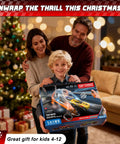 Child holding Epic Slot Car Race Track Set For Kids With 29 Foot Electric Track gift under Christmas tree
