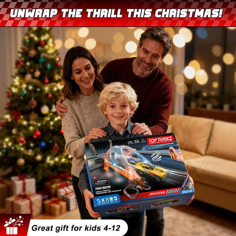 Child holding Epic Slot Car Race Track Set For Kids With 29 Foot Electric Track gift under Christmas tree