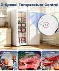 Slick 6.5 Cubic Foot Upright Freezer In Clean White shows 3-speed temperature control options. Ideal for compact kitchens.