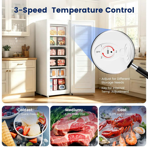 Slick 6.5 Cubic Foot Upright Freezer In Clean White shows 3-speed temperature control options. Ideal for compact kitchens.