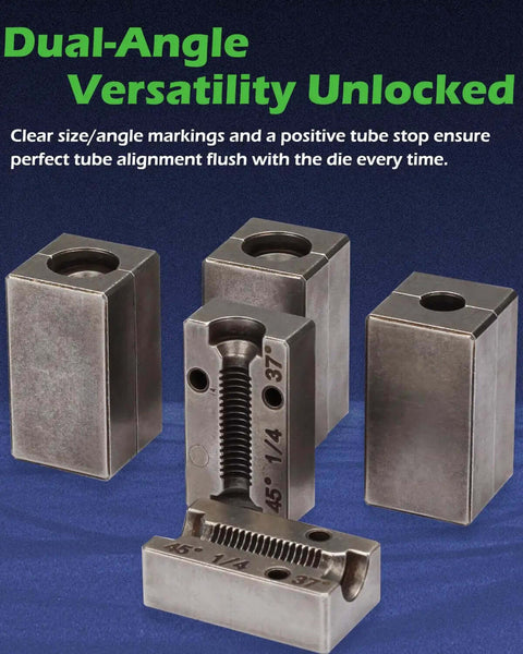 Die blocks for Pro Grade Brake Line Flare Tool Kit With Dual 45 And 37 Degree Flare, featuring clear size and angle markings.