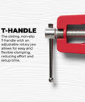 Close-up of a T-handle on a right angle wood clamp for precise 90 degree joints in woodworking premium clamp set.