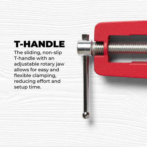 Close-up of a T-handle on a right angle wood clamp for precise 90 degree joints in woodworking premium clamp set.