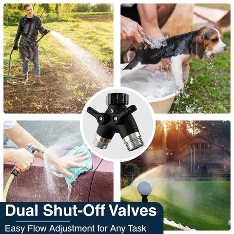 Heavy Duty Garden Hose Splitter 2 Way With Long Handle Dual Outlet Y Style Faucet Adapter No Leak For Outdoor Spigot Use Easy Grip Valves And Smooth Turn, black 3/4 in dual valve splitter