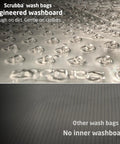 Close-up of engineered washboard inside Scrubba™ wash bags, highlighting texture for washing with water droplets.
