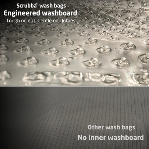 Close-up of engineered washboard inside Scrubba™ wash bags, highlighting texture for washing with water droplets.