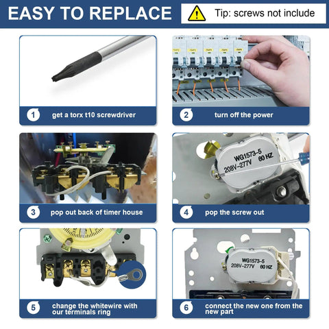 Step-by-step installation guide for Pool Timer Replacement Motor 208 277 Volt 60Hz 3W using a torx T10 screwdriver.