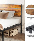 Heavy Duty Full Size Bed Frame With Headboard And Footboard, Rock Solid Steel Wood Hybrid Build Handles 800 Pounds Dead Easy, Clever Under Bed Storage, No Box Spring Needed, Classic Retro Brown close up of woodgrain HDF headboard and metal frame.