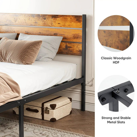 Heavy Duty Full Size Bed Frame With Headboard And Footboard, Rock Solid Steel Wood Hybrid Build Handles 800 Pounds Dead Easy, Clever Under Bed Storage, No Box Spring Needed, Classic Retro Brown close up of woodgrain HDF headboard and metal frame.