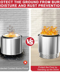 Comparison of fire pit without stand causing floor damage and Sturdy 19.5 Inch Fire Pit Stand For Bonfire elevating pit for protection