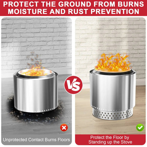 Comparison of fire pit without stand causing floor damage and Sturdy 19.5 Inch Fire Pit Stand For Bonfire elevating pit for protection