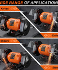 Ironclad 8 Inch Bench Grinder With A Beefy 750 Watt Motor Spinning At 3450 RPM For Sharpening Knives Chisels And Steel Stock Plus Adjustable Tool Rests And Splash Guards For The Garage showing various applications like knives, shears, and drills.
