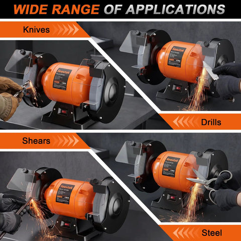 Ironclad 8 Inch Bench Grinder With A Beefy 750 Watt Motor Spinning At 3450 RPM For Sharpening Knives Chisels And Steel Stock Plus Adjustable Tool Rests And Splash Guards For The Garage showing various applications like knives, shears, and drills.