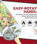 Two Piece Rolling Grill Basket With Removable Wood Handles, 304 Stainless Steel Mesh, Easy Rolling Grill For Vegetables and Meat