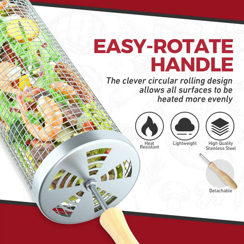 Two Piece Rolling Grill Basket With Removable Wood Handles, 304 Stainless Steel Mesh, Easy Rolling Grill For Vegetables and Meat