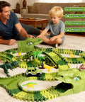 Father and son playing with 266 Piece Dino Track Set For Kids Ages 3 4 5 6 7 Flexible Race Tracks With 2 Dino Cars Bridges