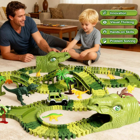 Father and son playing with 266 Piece Dino Track Set For Kids Ages 3 4 5 6 7 Flexible Race Tracks With 2 Dino Cars Bridges