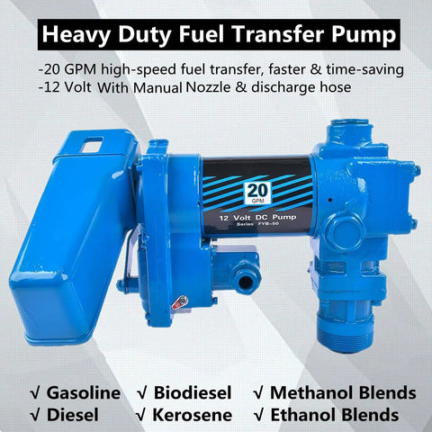 Heavy Duty 20 GPM 12 Volt Fuel Transfer Pump With 50 Amp Auto Fuse Built Like A Tank For Badass Gasoline Diesel Kerosene Methanol And Biodiesel Transfers with manual nozzle.