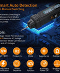 Smart auto detection diagram of 3 In 1 Pen Style Multimeter With Phase Sequence Detection And LCD Display showing features and specs.