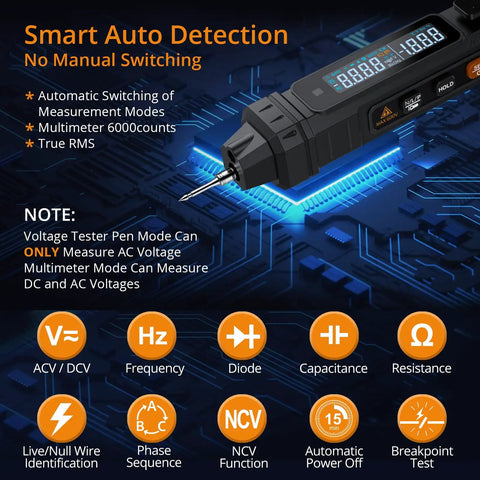 Smart auto detection diagram of 3 In 1 Pen Style Multimeter With Phase Sequence Detection And LCD Display showing features and specs.