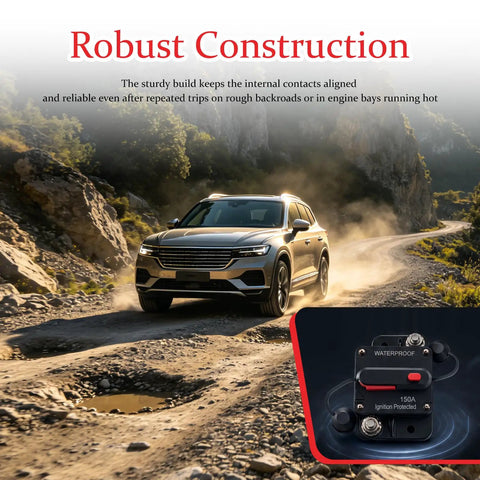 Tough As Nails 150 Amp Dc Circuit Breaker With Waterproof Surface Mount Design for rugged terrain driving.