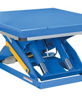 Rugged Electric Hydraulic Lift Table 48 X 48 Inch Steel Platform 5000 Lb Capacity in blue with hydraulic lifting mechanism.