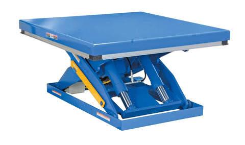 Rugged Electric Hydraulic Lift Table 48 X 48 Inch Steel Platform 5000 Lb Capacity in blue with hydraulic lifting mechanism.