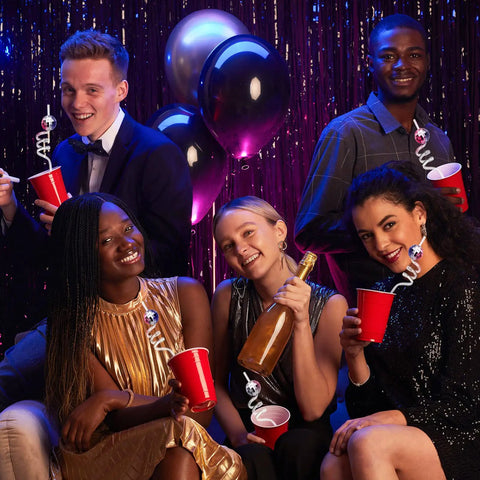Group enjoying Mirror Disco Ball Straws Set For Party Decor Shiny Silver 70s Style Reusable Straws And Disco Ball Orbs Retro Cup Favors
