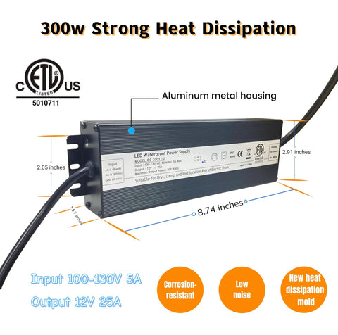 Rock Solid 300W 12V Led Driver Power Supply IP67 Waterproof AC 100 To 130V DC 12V Transformer Adapter 25A overview angle showing aluminum housing.