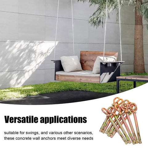 Wooden swing using 10 Pack Heavy Duty Carbon Steel Eye Bolts With Expansion Anchors For Outdoor Swings And Hammock Hanging Kit Hardware High Load Capacity Deformation Resistant Easy Install.