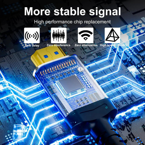 Slick 100 Feet Fiber Optic HDMI Cable Active 2.0 close-up showing performance chip for stable 18Gbps and 4K 60Hz transmission.