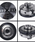 4 Jaw 63mm Self Centering Lathe Chuck For CNC Lathe And Woodworking Projects, shown in multiple views