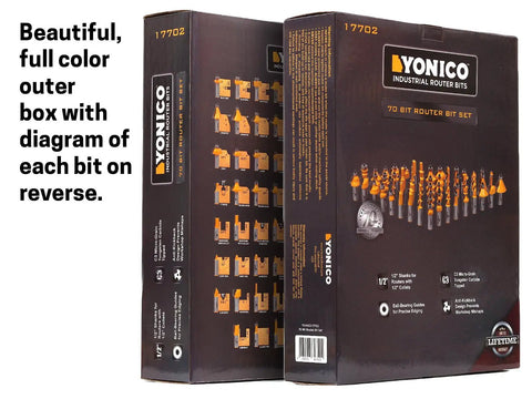 Packaging of Seventy Piece Router Bit Set With Half Inch Shank Pro Grade Tungsten Carbide Woodworking Bits For DIYers And Pros