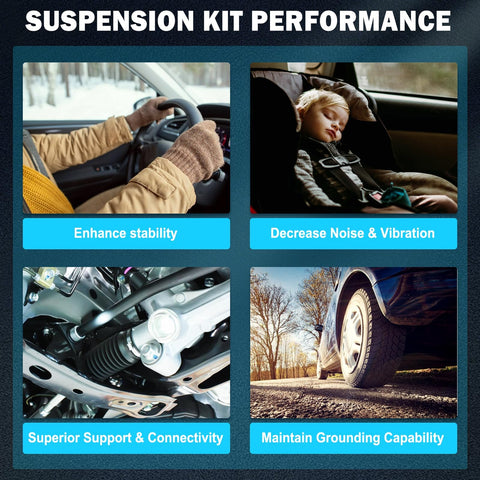 AMCCM 12PCS suspension kit collage: front steering wheel view, child car seat, undercarriage suspension, wheel on road