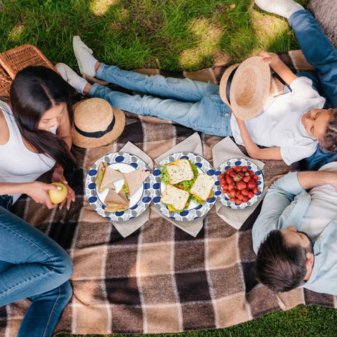 Family picnic with Heavy Duty 8.5 Inch Dessert Plates Bulk Pack Of 150 Count Microwave Safe Soak Proof And Cut Resistant Disposable Plates.
