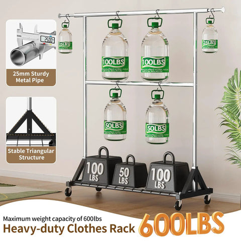Rock Solid Heavy Duty Clothes Rack With Lockable Wheels And 600 Pound Load Capacity Rust Proof Metal Frame Rolling Wardrobe Stand For House Essentials