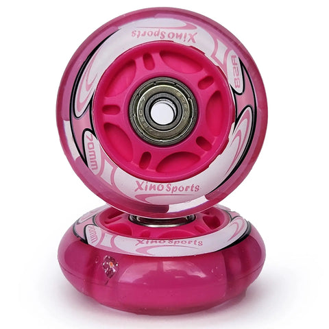 Pink LED Inline Skate Replacement Wheels Pack Of 2, 70mm, 82A Hardness, ABEC7 Bearings, no batteries needed, magnetic lights