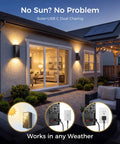 Rugged As Nails 2 Pack Solar Wall Lights Outdoor IP65 Waterproof, Dusk To Dawn Up Down Sconce, USB C Backup Charge, 3 CCT Dimmable in evening setting.