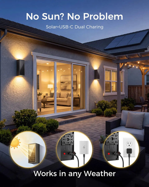 Rugged As Nails 2 Pack Solar Wall Lights Outdoor IP65 Waterproof, Dusk To Dawn Up Down Sconce, USB C Backup Charge, 3 CCT Dimmable in evening setting.