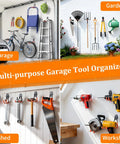 Heavy Duty Steel Garage Hooks 30 Pack With Anti Slip Coating For Bikes Ladders Garden Tools Hoses And Extension Cords Wall Mount Organizer in various settings including garage, garden, shed, and workshop.