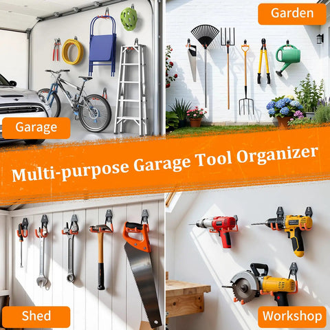 Heavy Duty Steel Garage Hooks 30 Pack With Anti Slip Coating For Bikes Ladders Garden Tools Hoses And Extension Cords Wall Mount Organizer in various settings including garage, garden, shed, and workshop.
