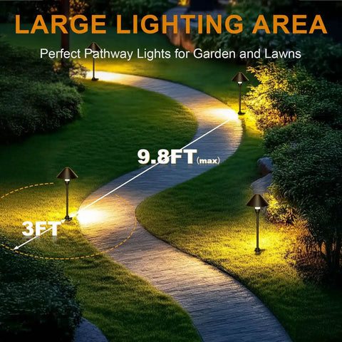 Low Voltage Pathway Lights With Timer Set Of 4 illuminating garden path at night, showing large lighting area with measurement